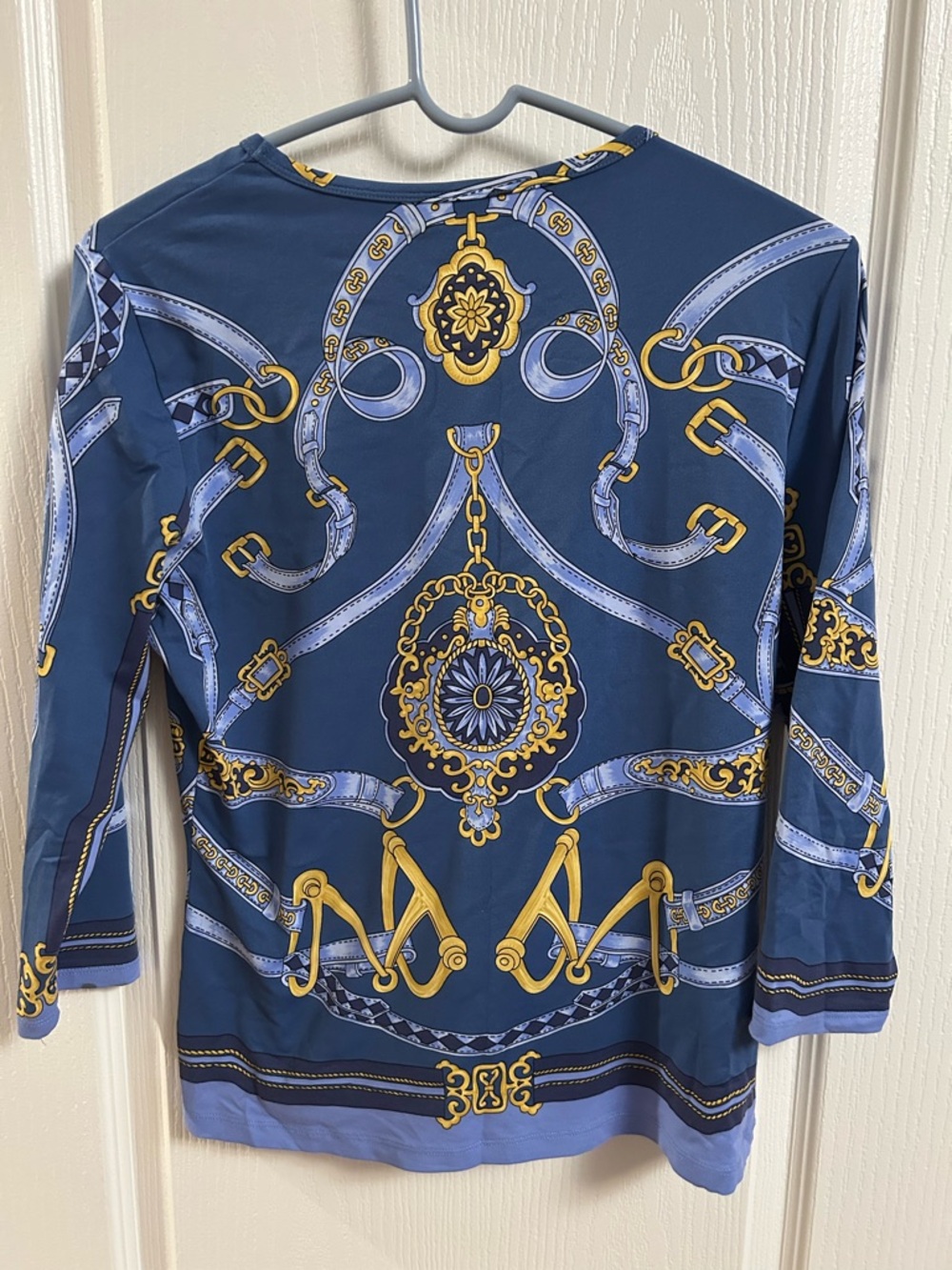 J. McLaughlin Navy Blue and Gold Patterned Long-Sleeve Top - Picture 4 of 4